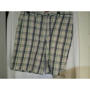 IZOD Luxury Sport Plaid Casual Shorts Green Navy White Size 36‎